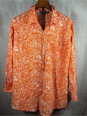 KikiSol Orange White Paisley Button Down Shirt Size Small Boho